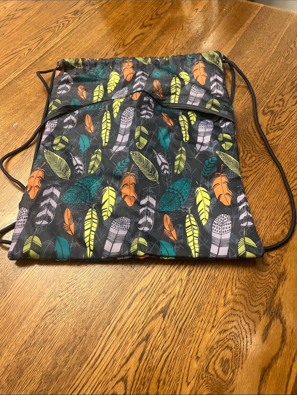 Drawstring Feather Print Gym Sack - Black with Yellow, Orange, Teal Accents